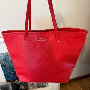 Coach Bright Red Leather Tote with Gold Logo